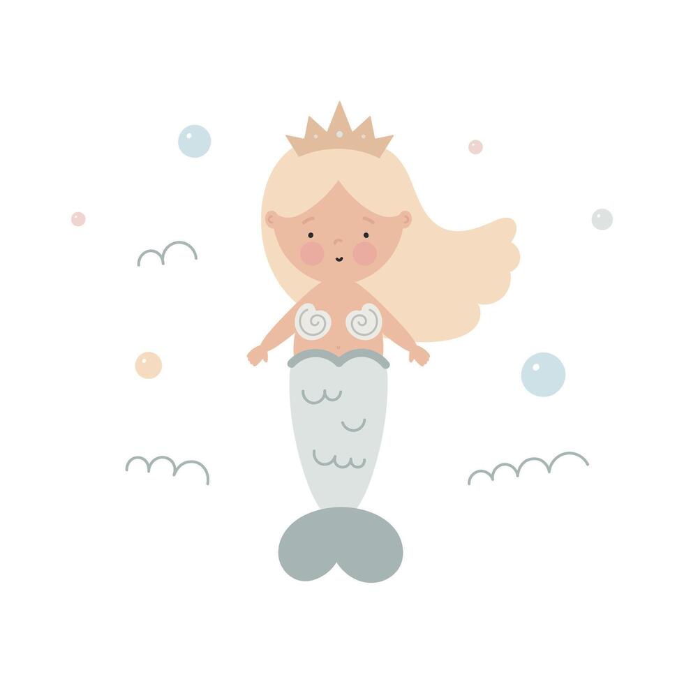 Cute mermaid. Flat cartoon illustration isolated on white background. For card, posters, stickers, banners, printing on the pack, printing on clothes, fabric, wallpaper. vector