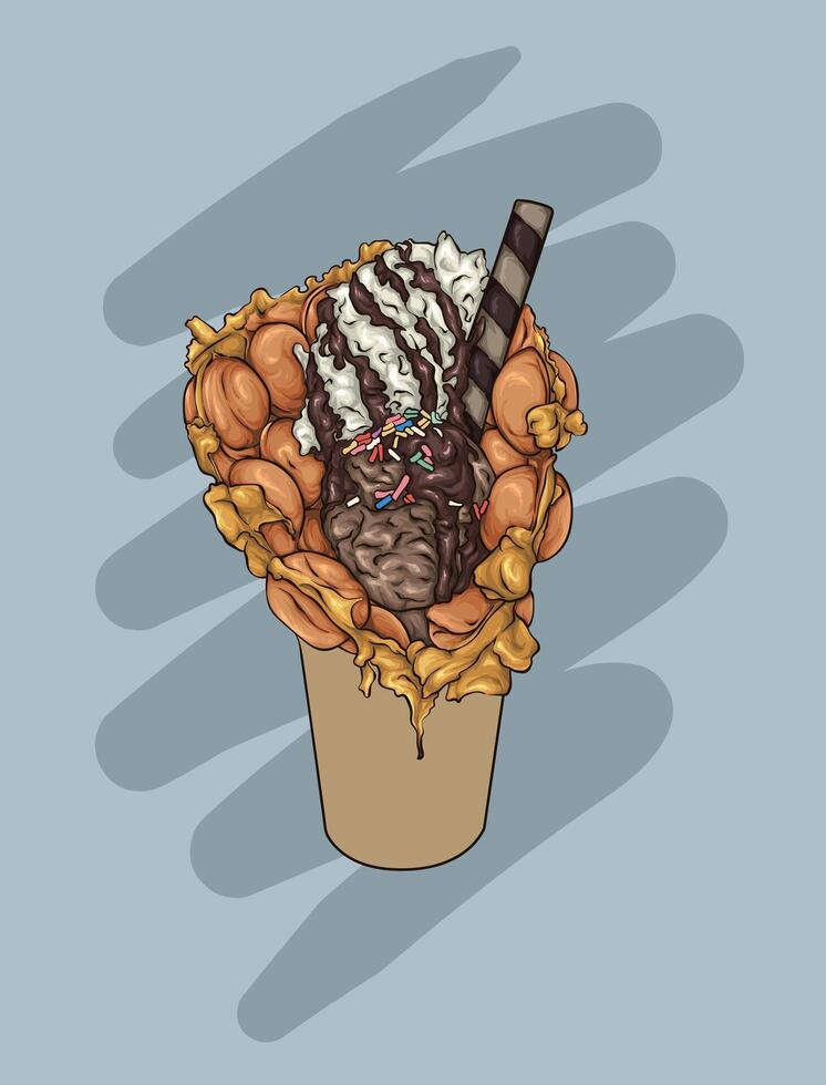 local hong kong street food eggwaffle wiht chocolate and vanilla icecream illutrstion vector