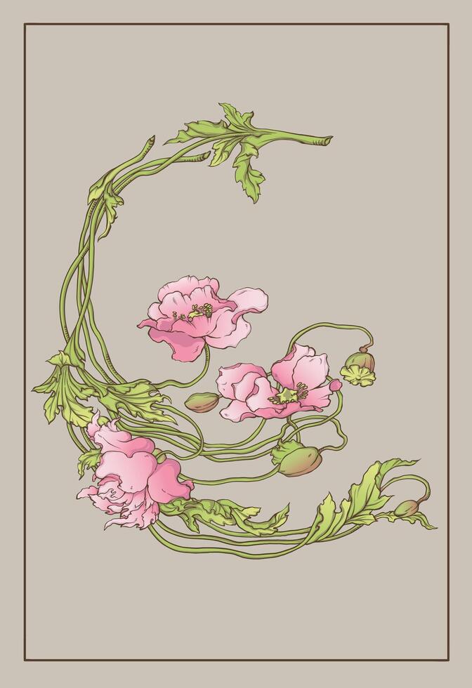 Vibrant retro art nouveau frame flowers decorative border background vector