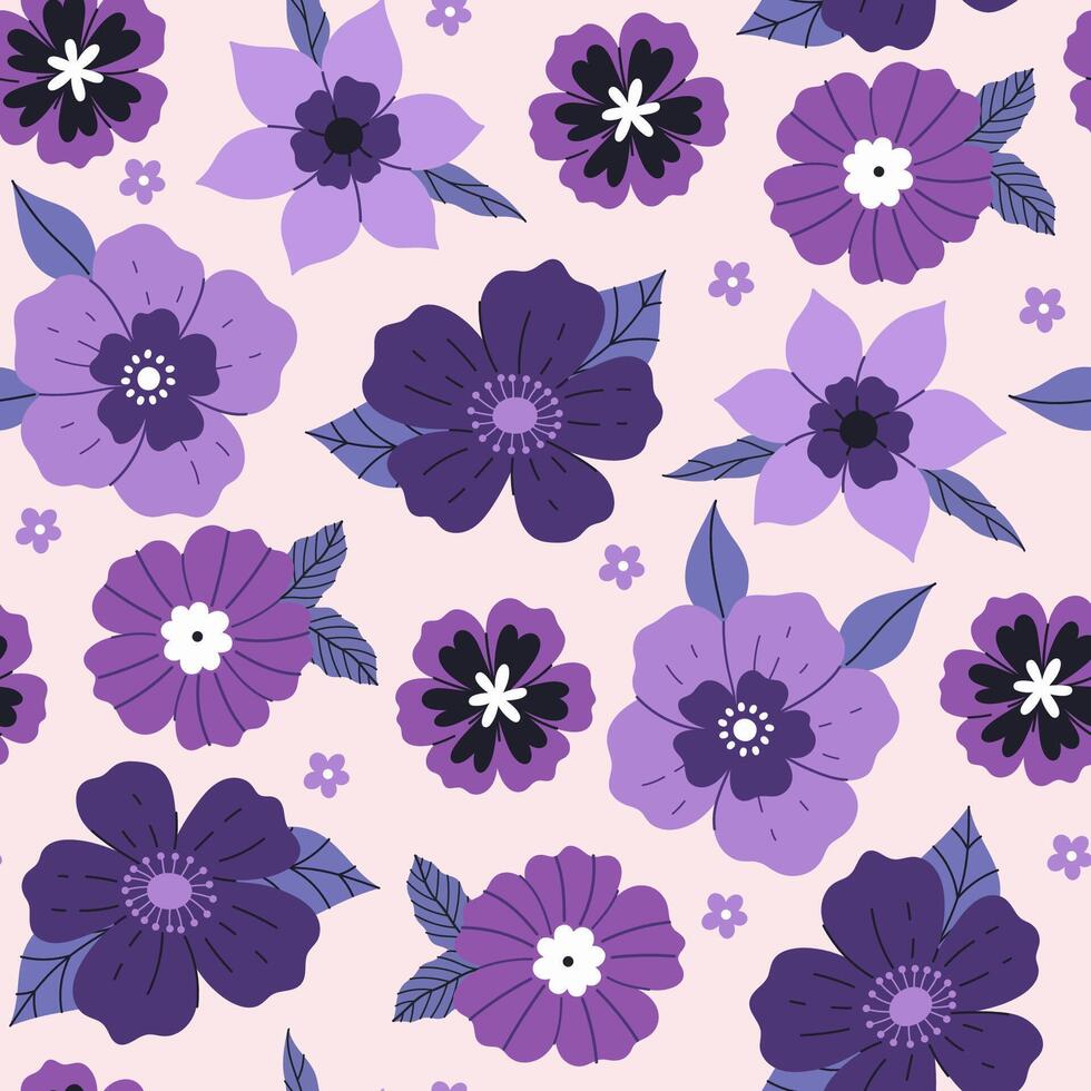 Seamless pattern of purple flowers of different shapes. graphics vector