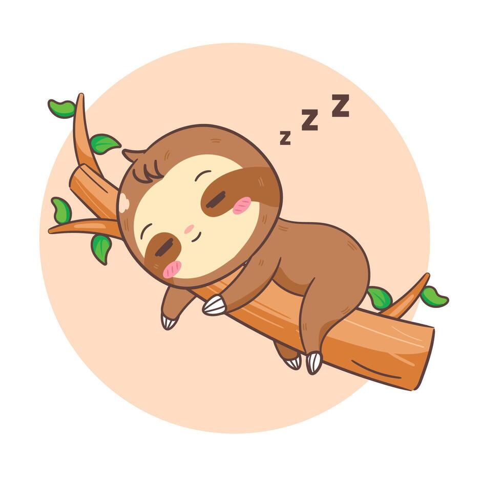 Cute Sloth Sleeping on Tree Cartoon Character. Adorable and Kawaii Animal Concept Design. Icon Mascot Illustration vector