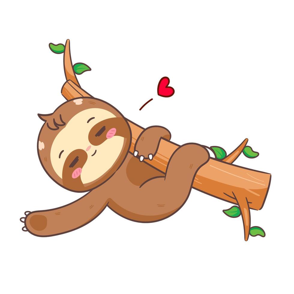 Cute Sloth hanging on Tree Cartoon Character. Adorable and Kawaii Animal Concept Design. Icon Mascot Illustration vector