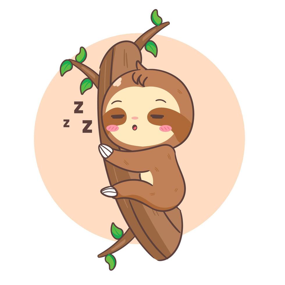 Cute Sloth Sleeping on Tree Cartoon Character. Adorable and Kawaii Animal Concept Design. Icon Mascot Illustration vector