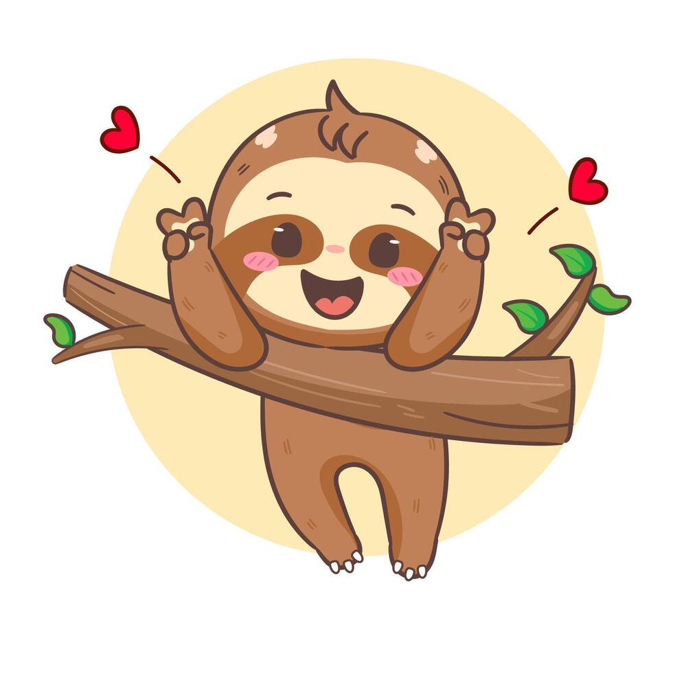 Cute Sloth Posing Peace Hand Sign On Tree Cartoon Character. Adorable and Kawaii Animal Concept Design. Icon Mascot Illustration vector