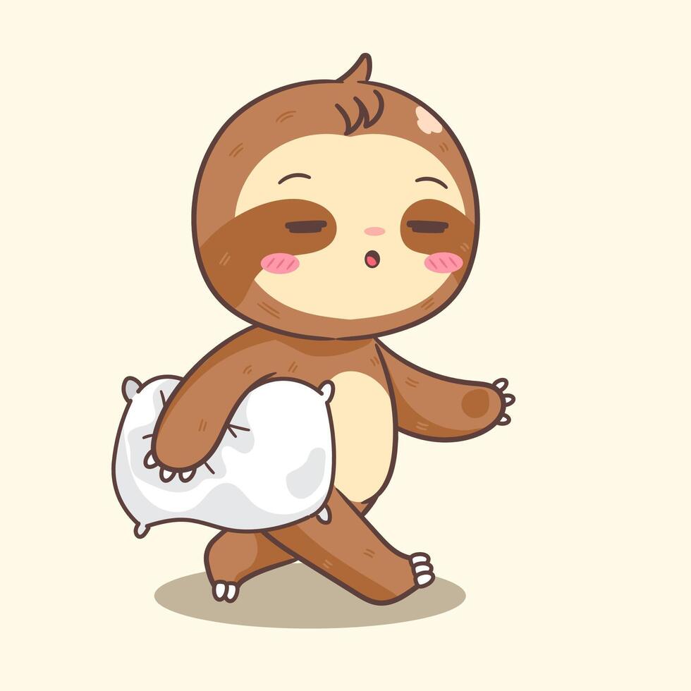 Cute Sloth Carrying a Pillow Cartoon Character. Adorable and Kawaii Animal Concept Design. Icon Mascot Illustration vector