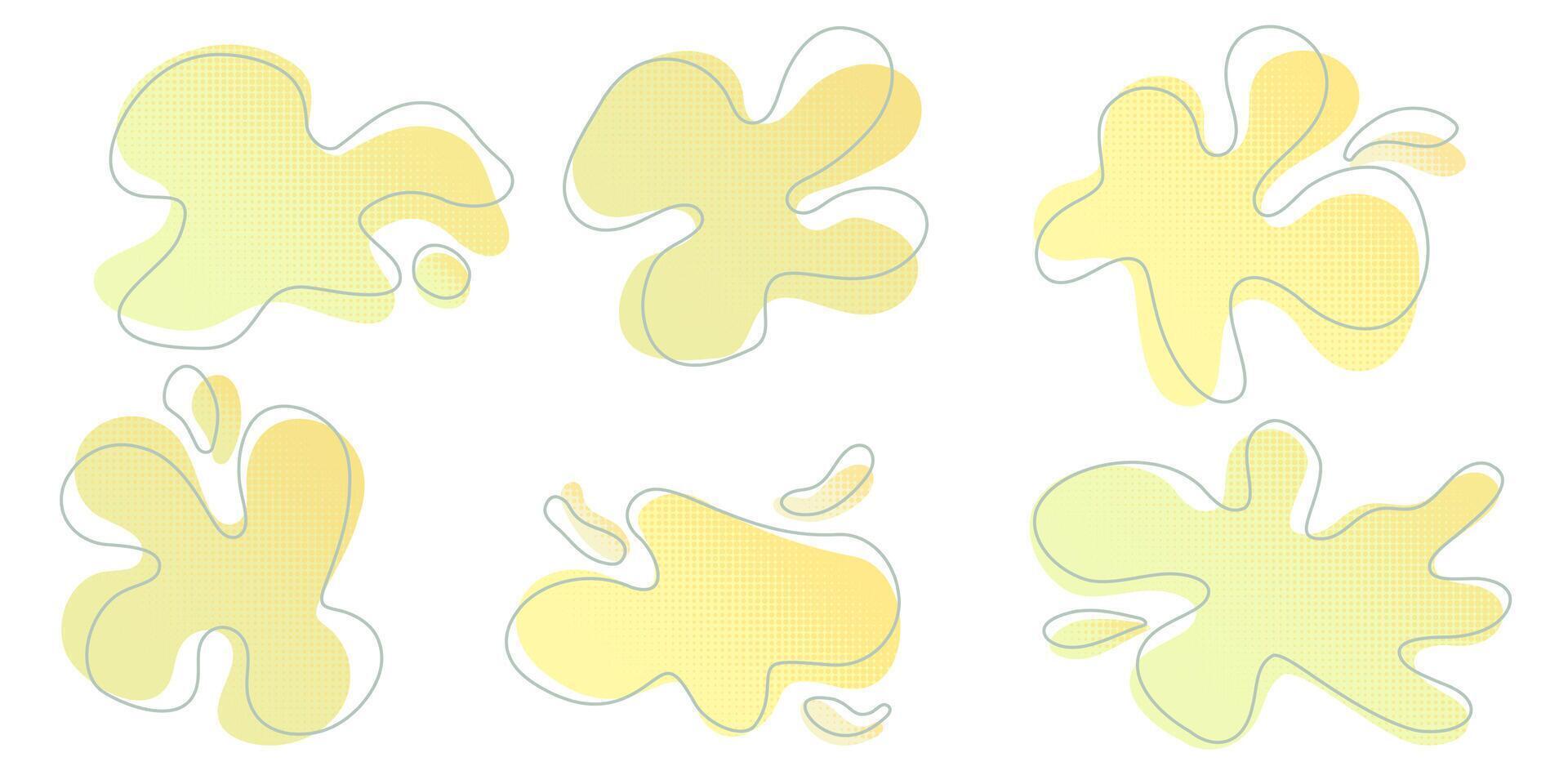 Yellow liquid halftone drops water shapes set, splashes collection. Paint spot, blot, rain puddle, oil blobs. Irregular abstract graphic design elements Transparent background. illustration vector
