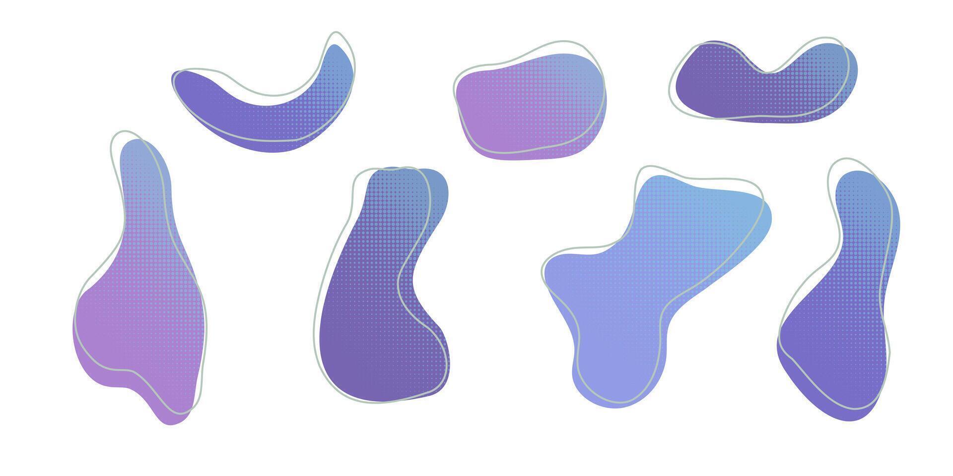 Blue liquid halftone drops water shapes set, splashes collection. Paint spot, blot, rain puddle, oil blobs. Irregular abstract graphic design elements Transparent background. illustration vector