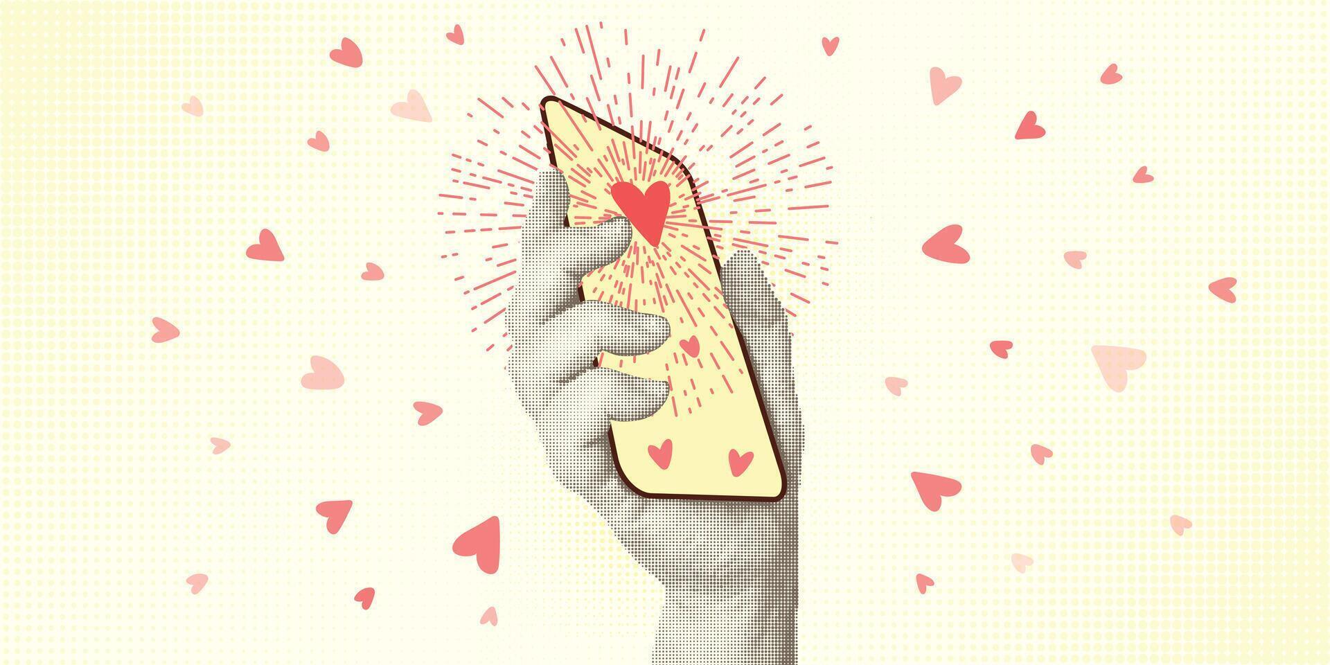 Collage with halftone-style hands hold smartphone. Minimalist metaphor concept dating. Idea for love banner composition with pink hearts. Cutouts magazine. illustration vector