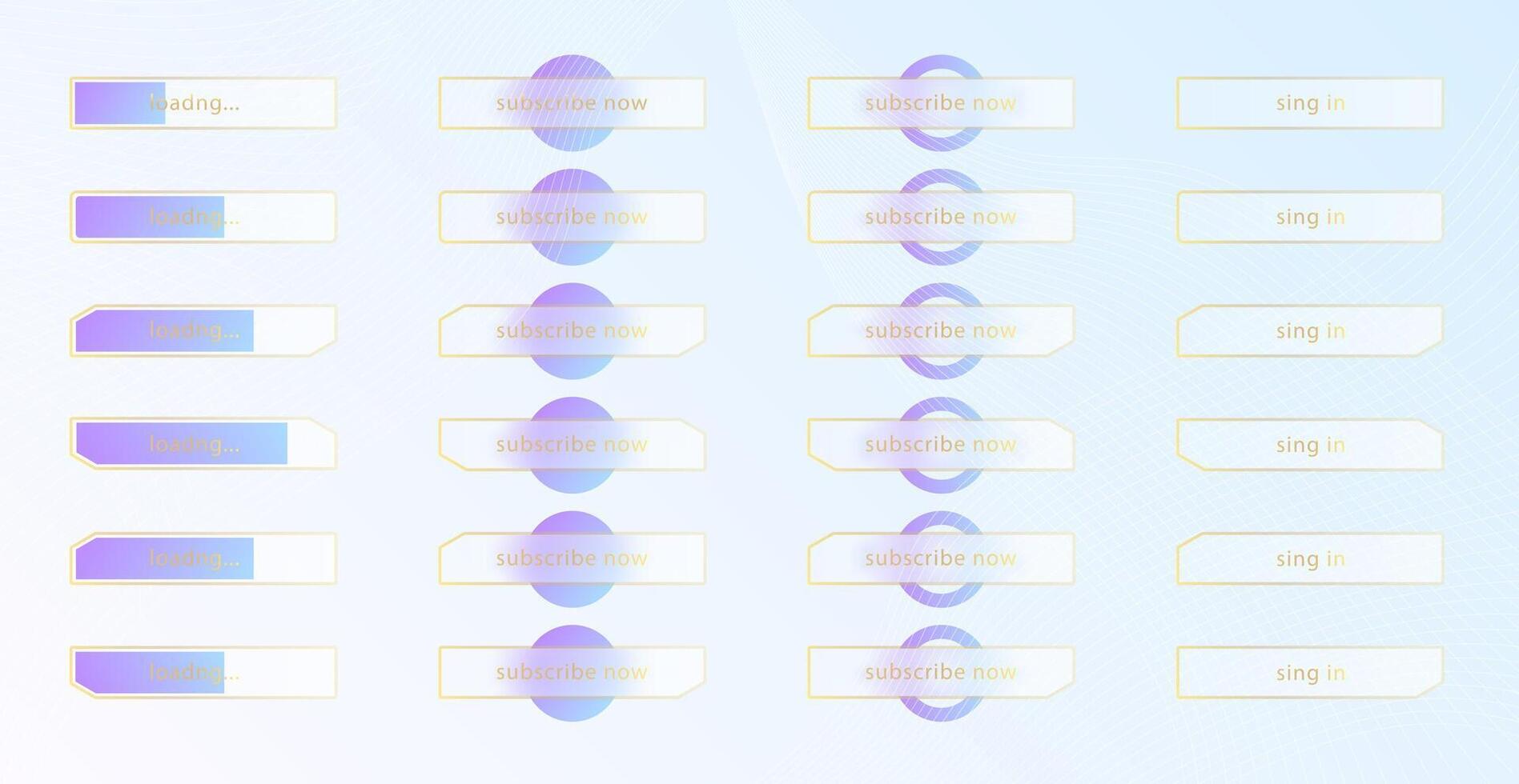 Glass morphism effect. Set of transparent frosted acrylic buttons and loading bars. Blue gradient circles on white background. Realistic glassmorphism matte plexiglass shape. illustration. vector
