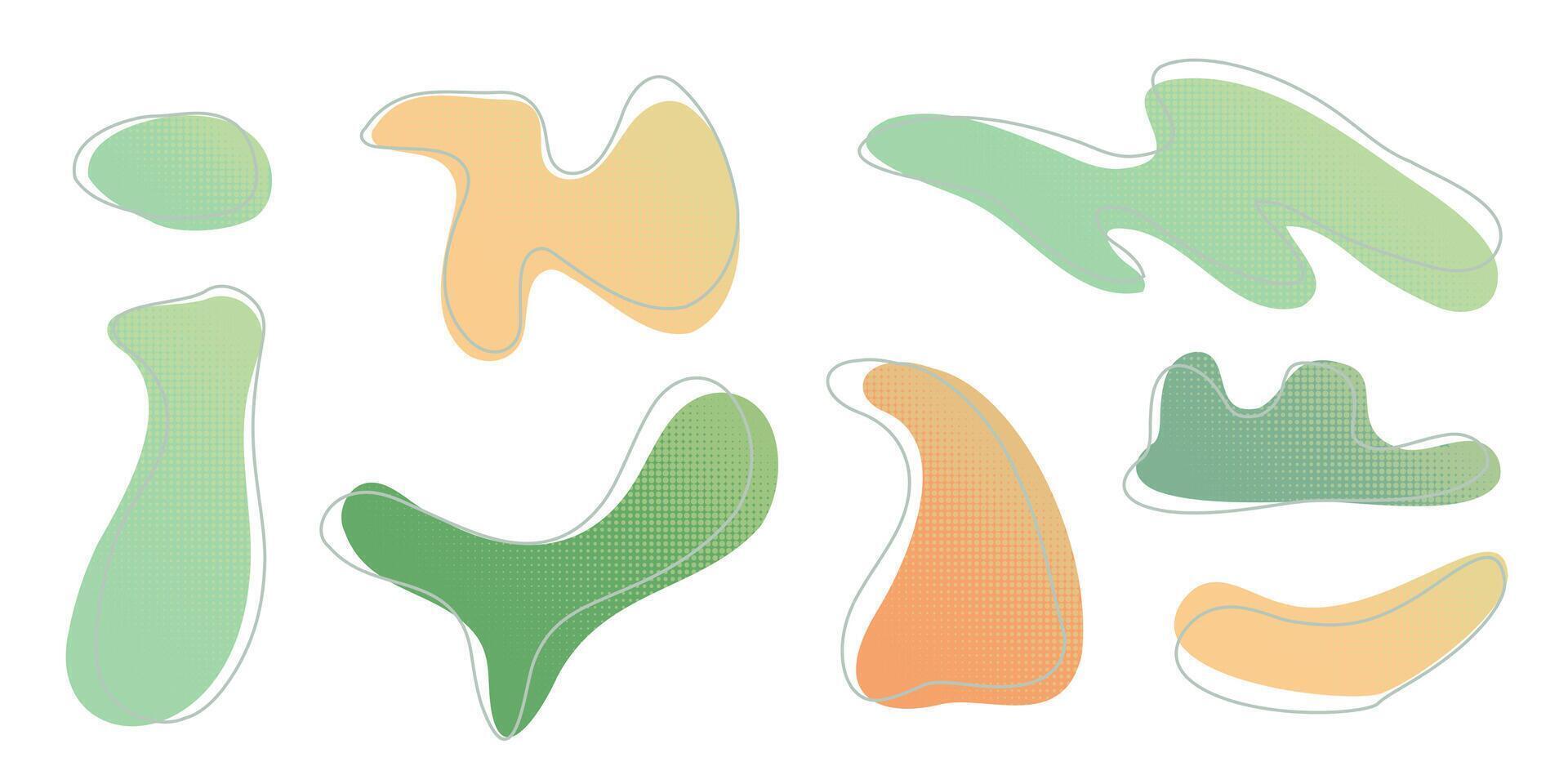 Yellow green liquid halftone drops water shapes set, splashes collection Paint spot, blot, rain puddle, oil blob Irregular abstract graphic design elements Transparent background. illustration vector