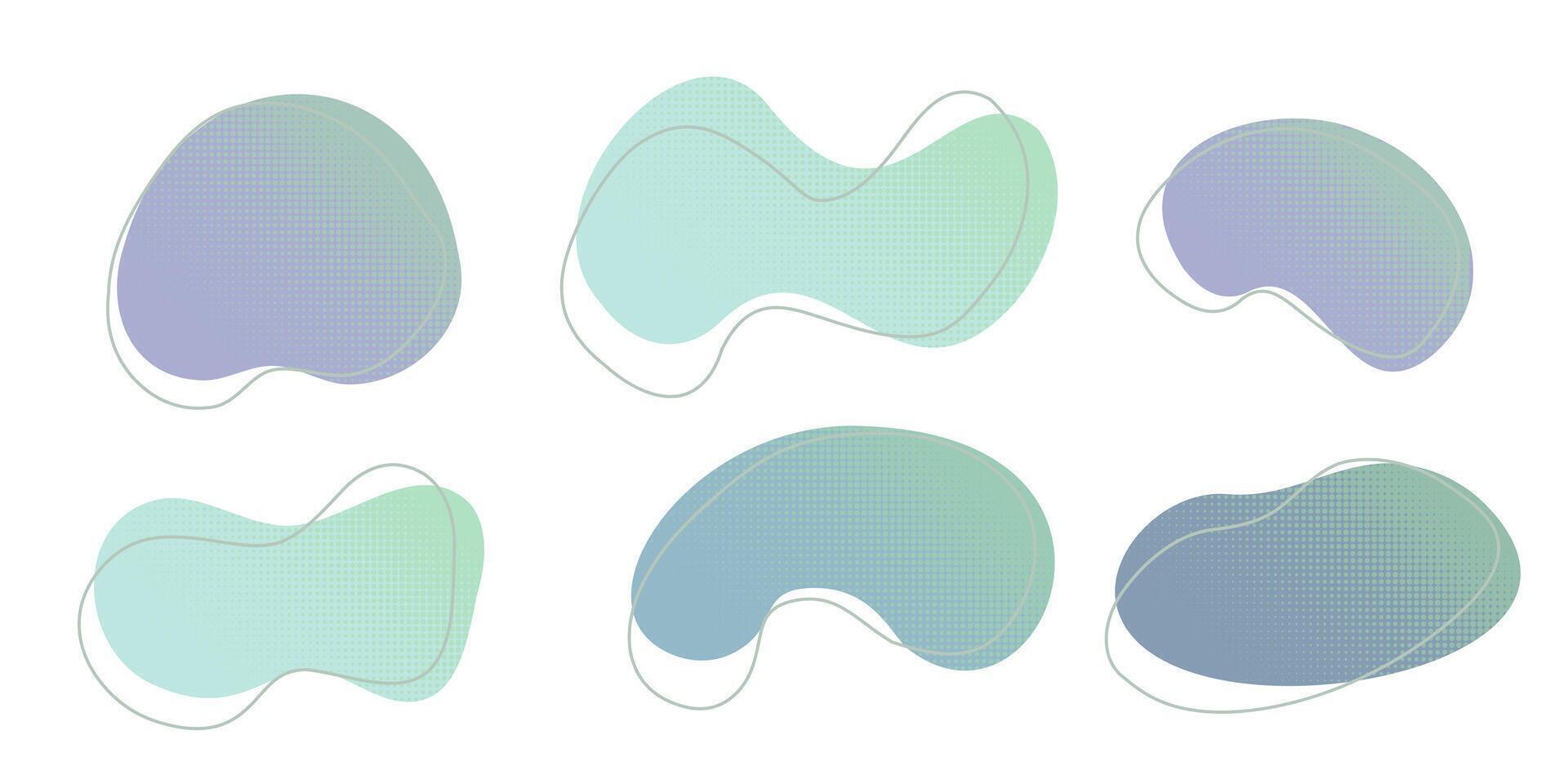 Blue liquid halftone drops water shapes set, splashes collection. Paint spot, blot, rain puddle, oil blobs. Irregular abstract graphic design elements Transparent background. illustration vector