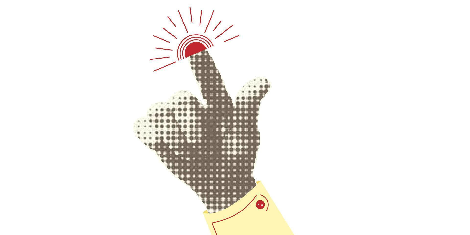Collage halftone elements with pointing hands and doodle buttons. Fingers gesture touch, click, tap. Cut out shapes, . Modern vintage trendy design object isolated on white. illustration. vector