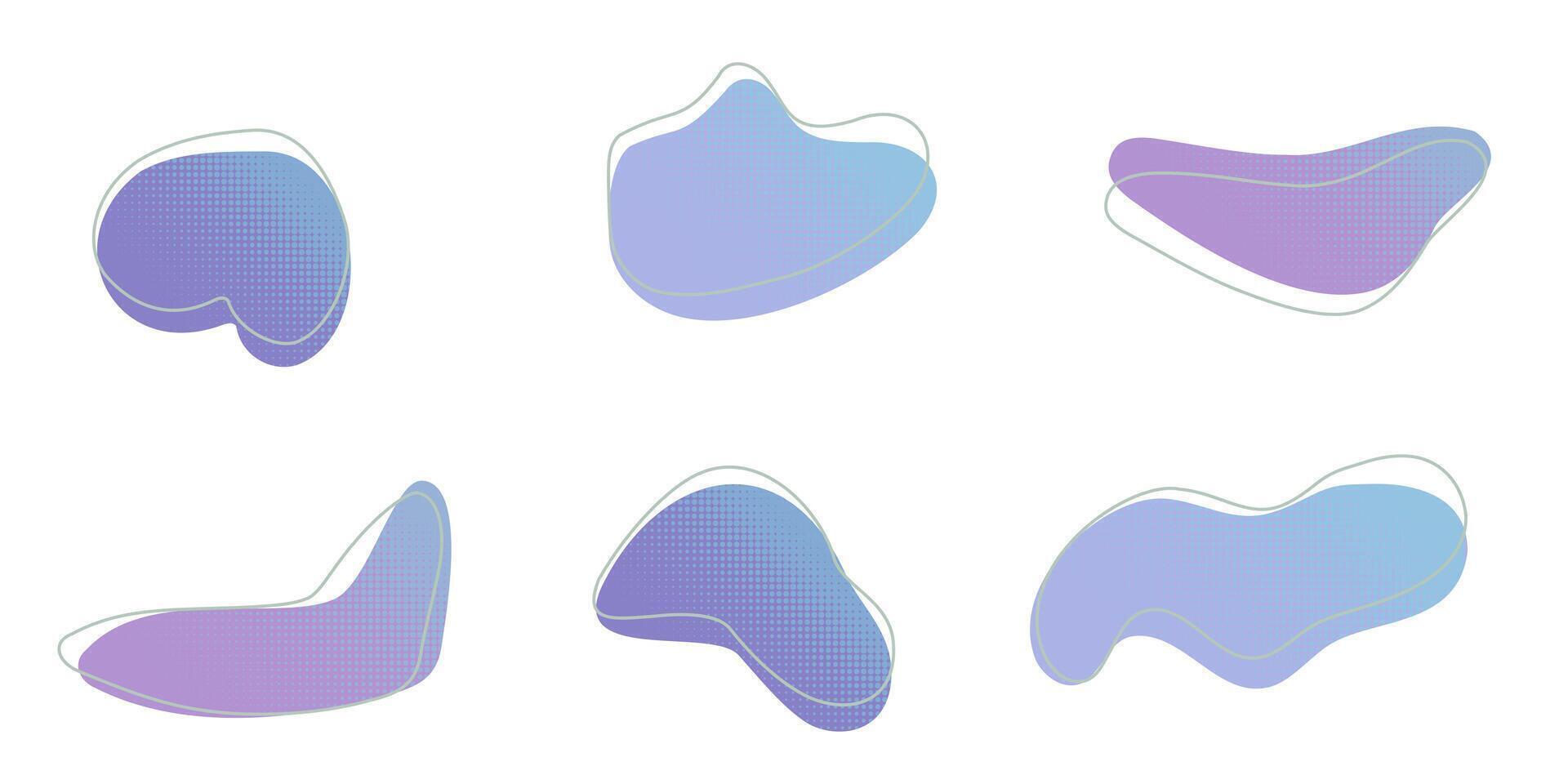 Blue liquid halftone drops water shapes set, splashes collection. Paint spot, blot, rain puddle, oil blobs. Irregular abstract graphic design elements Transparent background. illustration vector