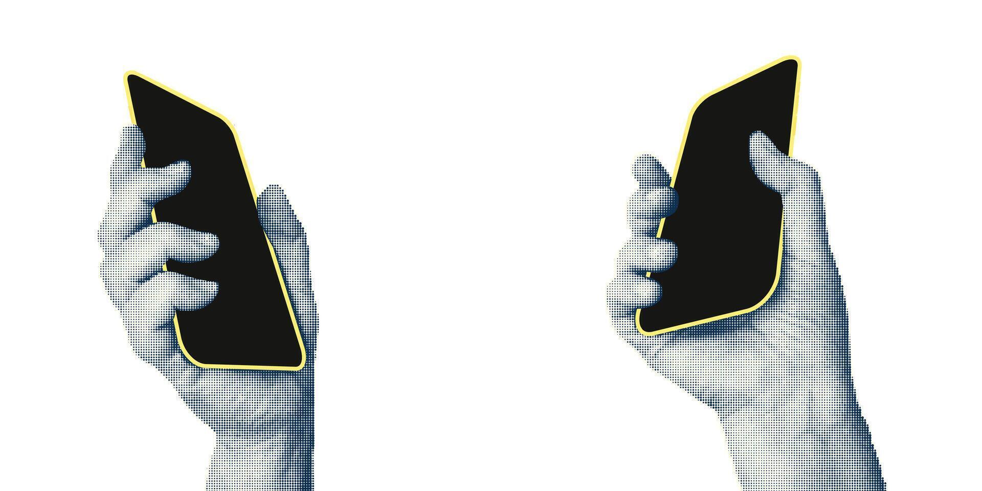Collage with halftone style hands hold smartphone Minimalist metaphor concept finance-themed, mobile applications, online sales, social media. Idea for web banner Cutouts magazine. illustration vector