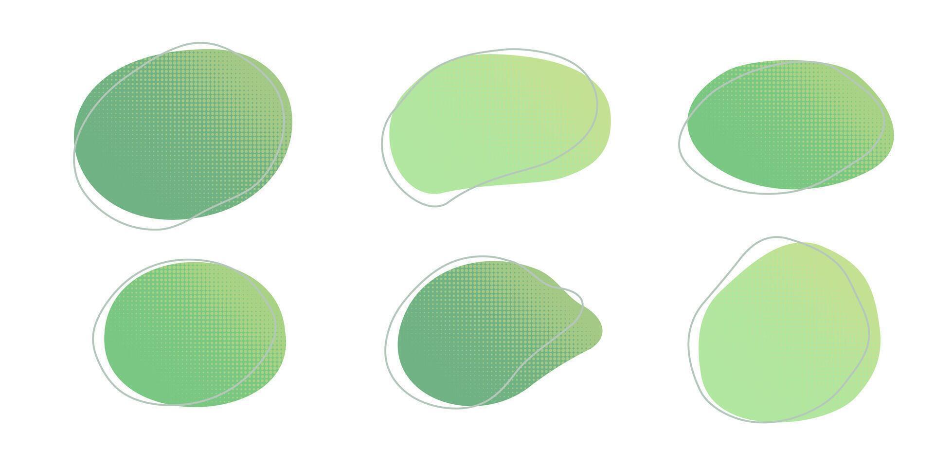 Green liquid halftone drops water shapes set, splashes collection. Paint spot, blot, rain puddle, oil blobs. Irregular abstract graphic design elements Transparent background. illustration vector