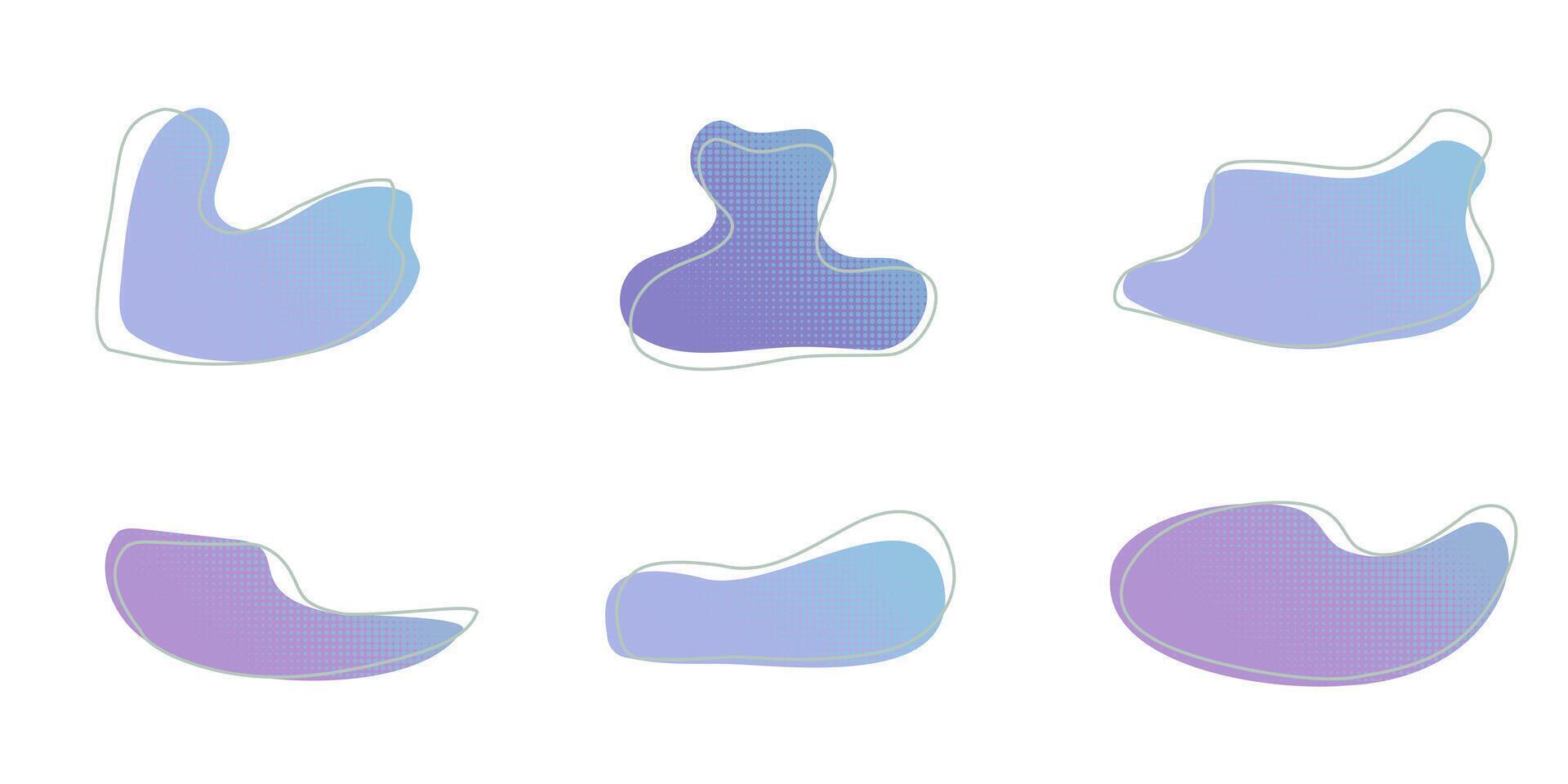Blue liquid halftone drops water shapes set, splashes collection. Paint spot, blot, rain puddle, oil blobs. Irregular abstract graphic design elements Transparent background. illustration vector