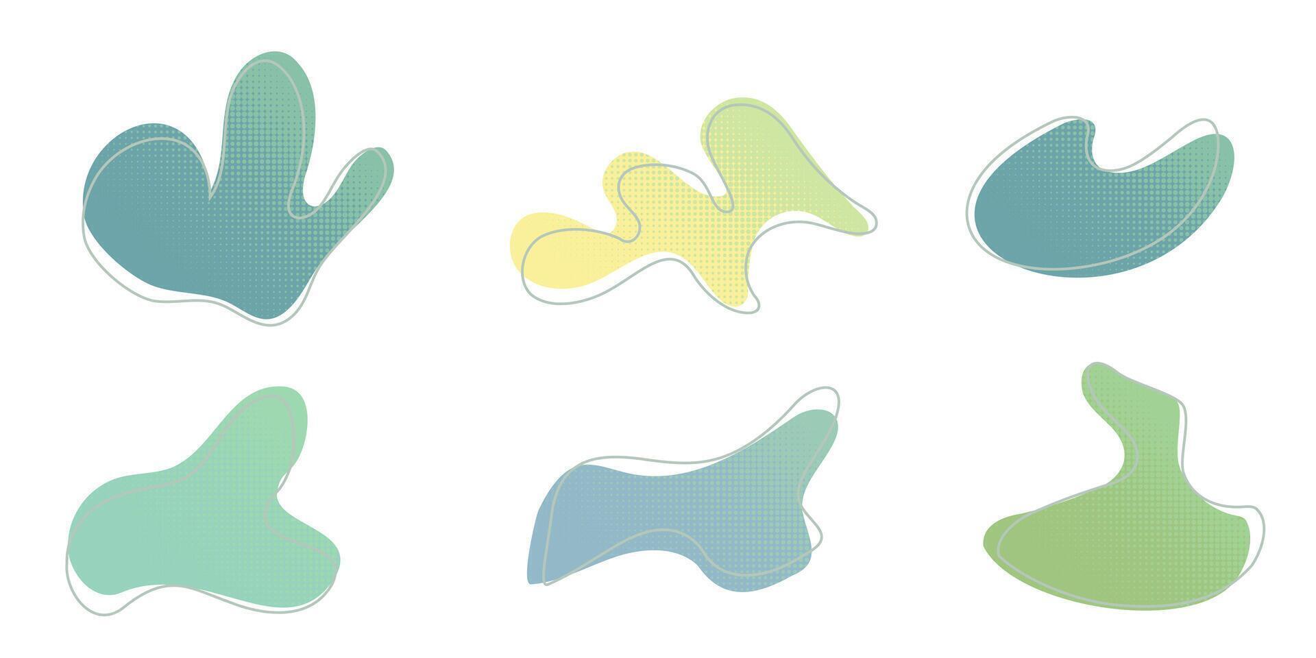 Yellow green liquid halftone drops water shapes set, splashes collection. Paint spot, blot, rain puddle, oil blobs Irregular abstract graphic design elements Transparent background illustration vector