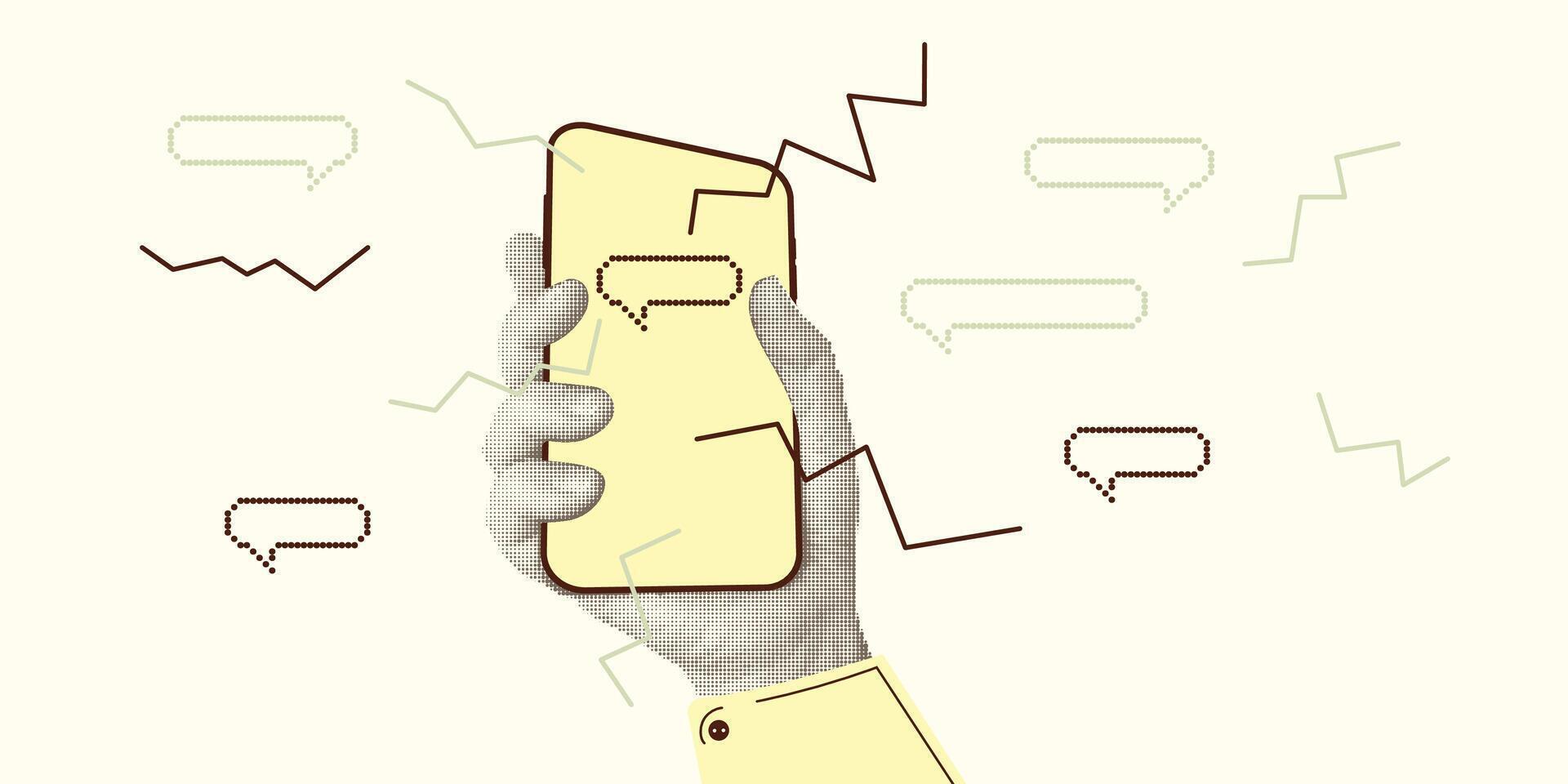 Collage with halftone style hands hold smartphone Minimalist metaphor concept finance-themed, mobile applications, online sales, social media. Idea for web banner Cutouts magazine. illustration vector