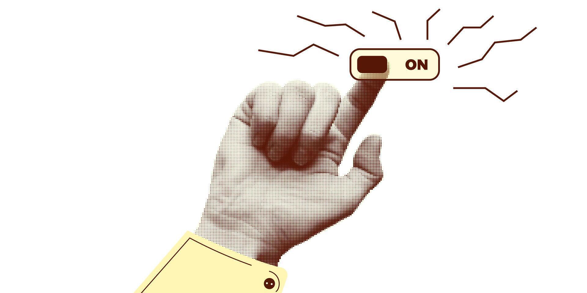 Collage halftone elements with pointing hands and doodle buttons. Fingers gesture touch, click, tap. Cut out shapes, . Modern vintage trendy design object isolated on white. illustration. vector