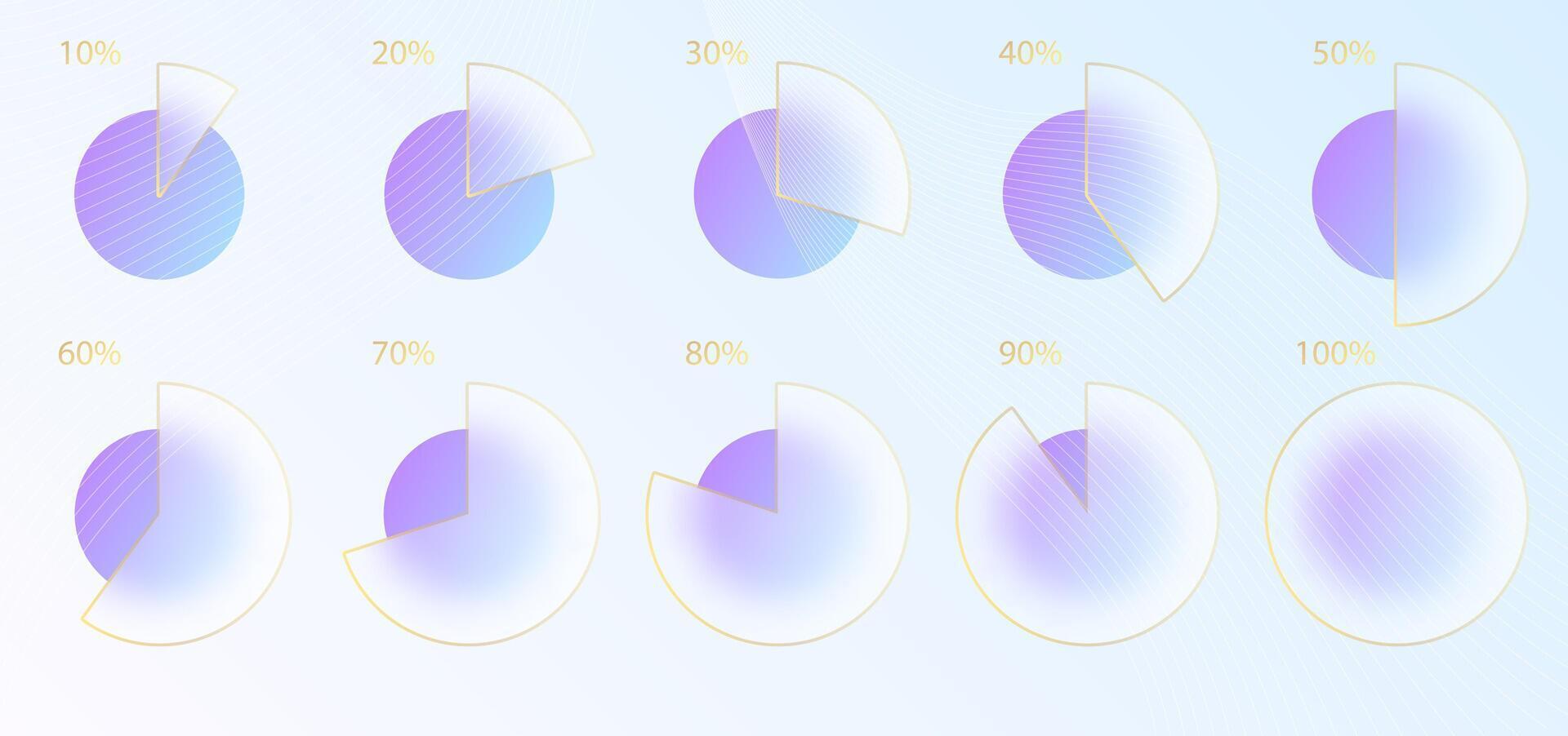 Glass morphism effect. Set of transparent frosted acrylic chart infographic percent. Blue gradient circles on white background. Realistic glassmorphism matte plexiglass shape. illustration. vector