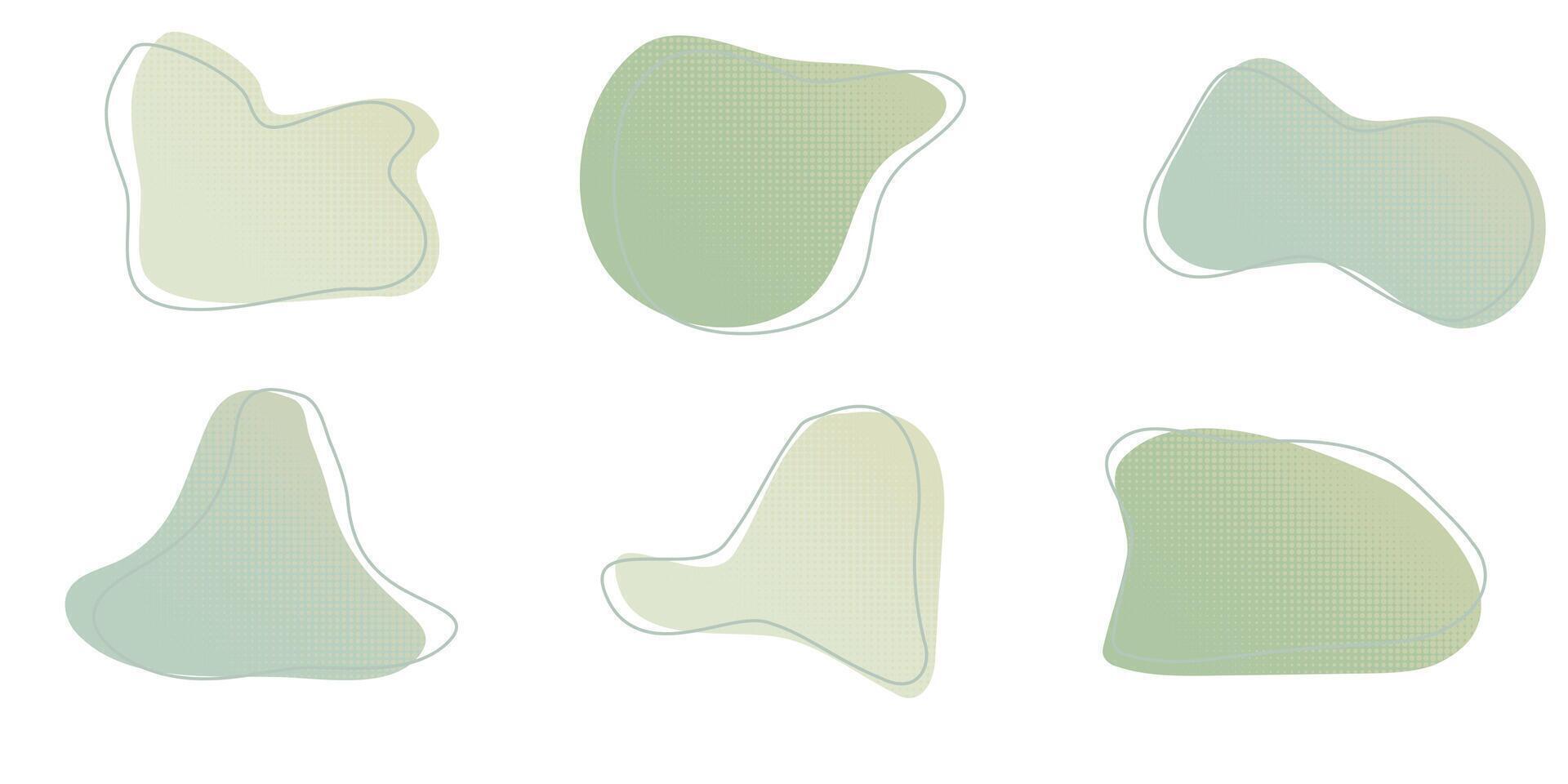 Green liquid halftone drops water shapes set, splashes collection. Paint spot, blot, rain puddle, oil blobs. Irregular abstract graphic design elements Transparent background. illustration vector