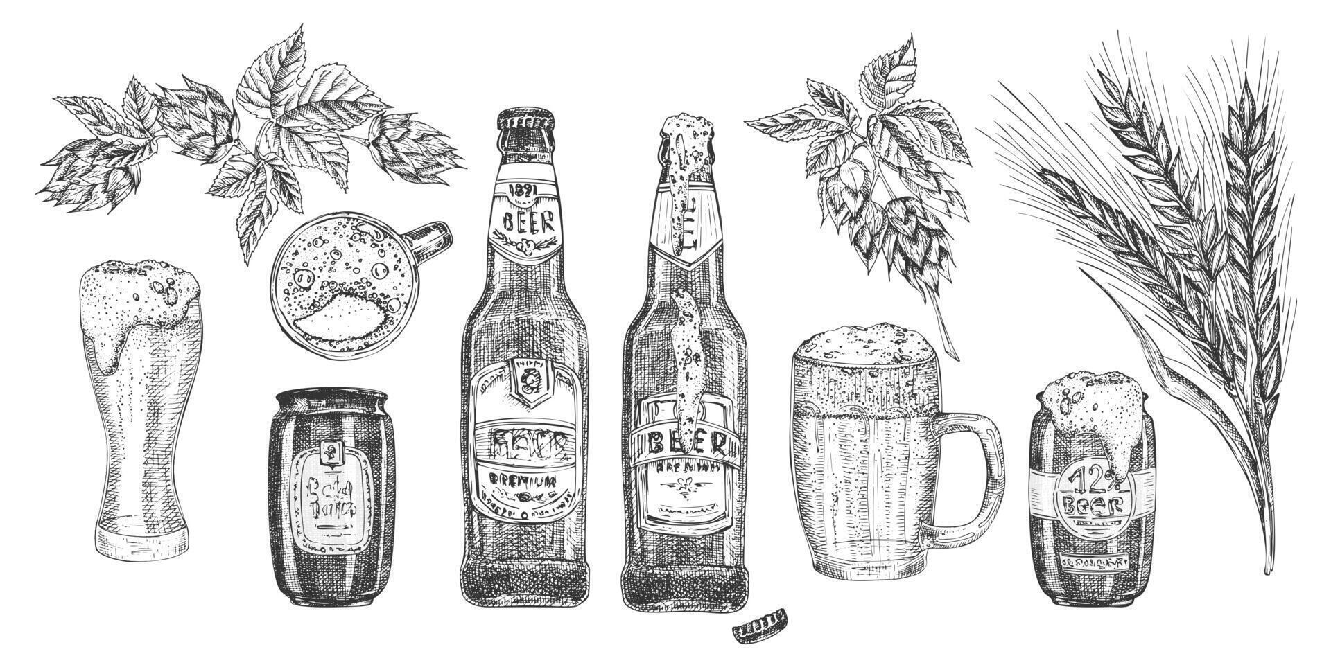 Hand drawn sketch bottle and beer can Vintage design bar, restaurant, cafe menu isolated background. Graphic art Creative template for flyer, banner, poster. illustration vector