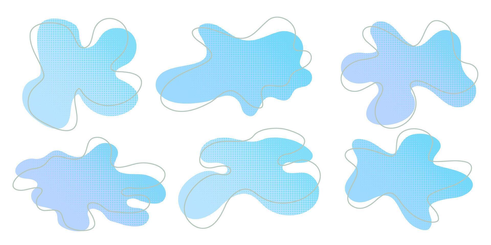 Blue liquid halftone drops water shapes set, splashes collection. Paint spot, blot, rain puddle, oil blobs. Irregular abstract graphic design elements Transparent background. illustration vector