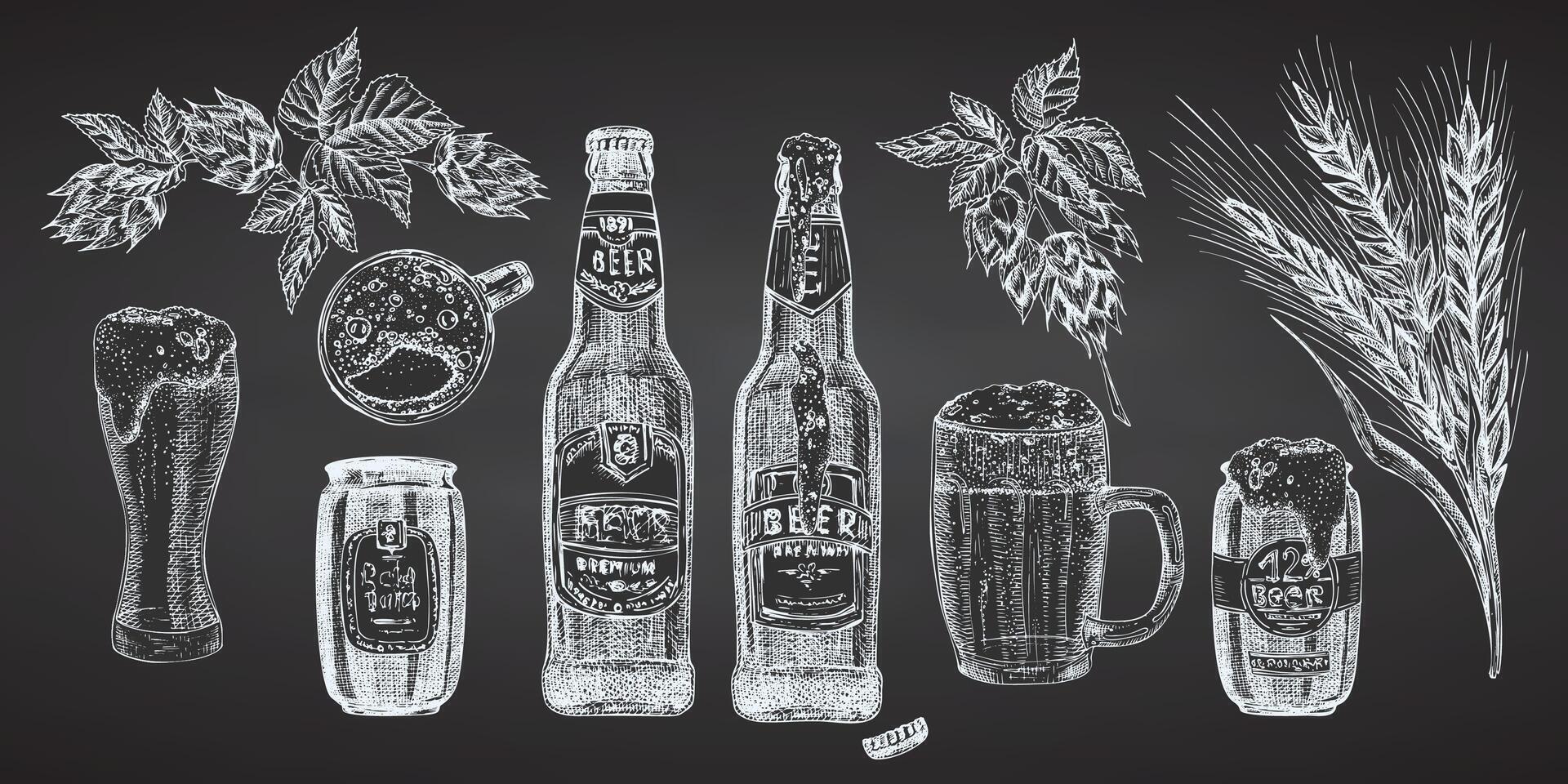 Hand drawn chalk sketch bottle and beer can Vintage design bar, restaurant, cafe menu on chalkboard. Graphic art Creative template for flyer, banner, poster. illustration vector