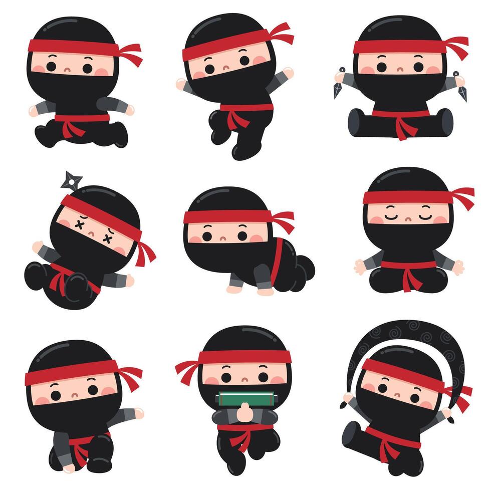 Cartoon Cute Ninja character set. Kids costume ninja vector