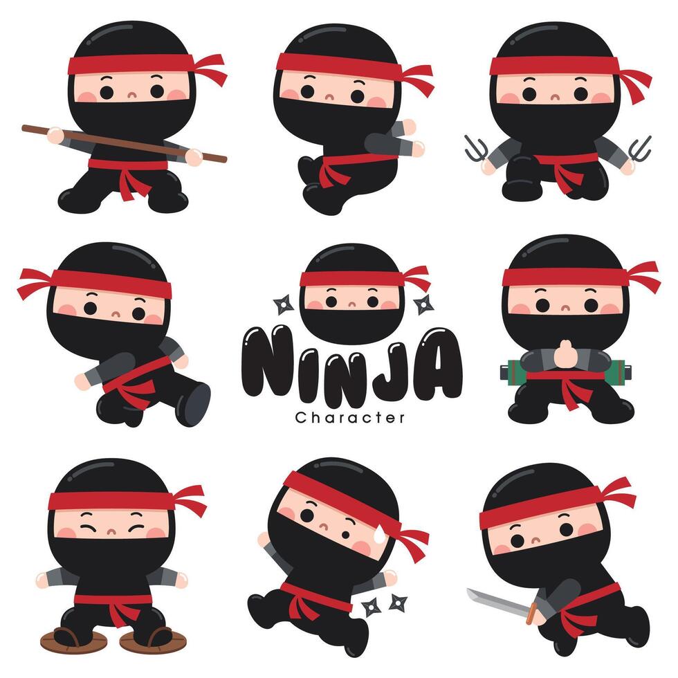Cartoon Cute Ninja character set. Kids costume ninja vector