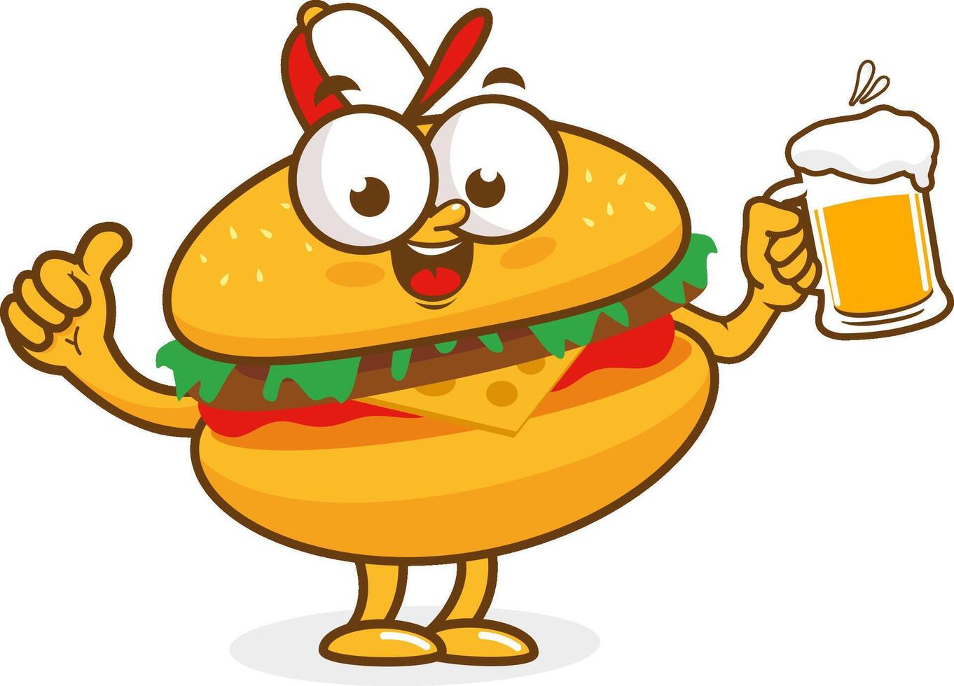 Hamburger cartoon character drinking a cold glass of beer. Fast food burger character with drink. vector