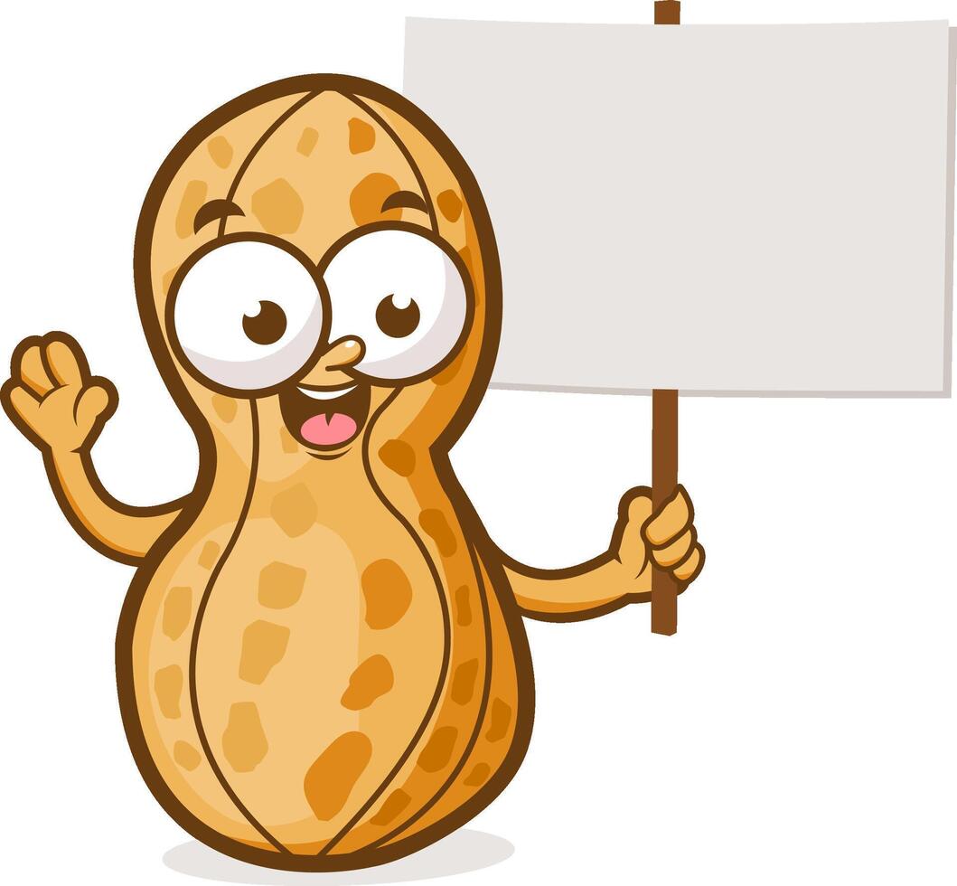 Funny peanut character holding a blank banner. A happy cartoon peanut holding a blank sign. vector