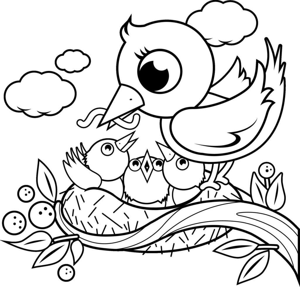 Cute birds in the nest in springtime. A mother bird feeding the young birds in the nest. Black and white coloring page vector