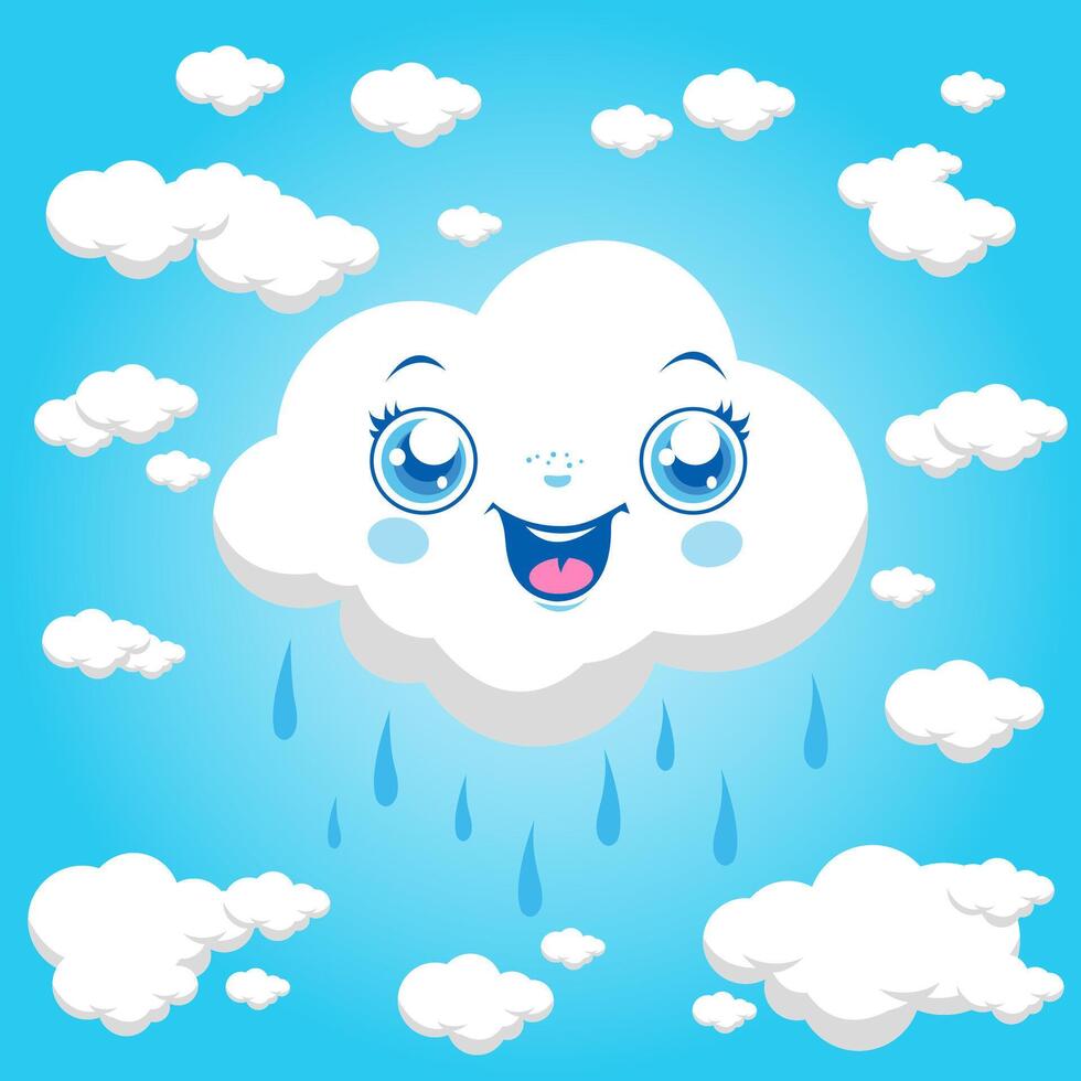 Blue rainy day sky background with cartoon cloud character raining at the sky. Cute cloud with rain drops. vector