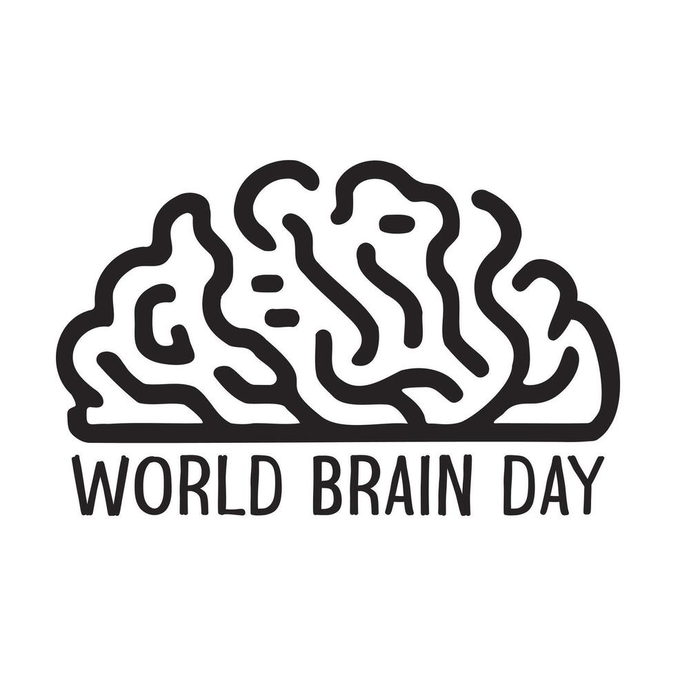 World brain day holiday poster. Black brain icon and lettering isolated on white background. vector