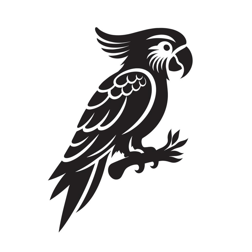 silhouette of a parrot on a white background, The bird is perched on a branch vector