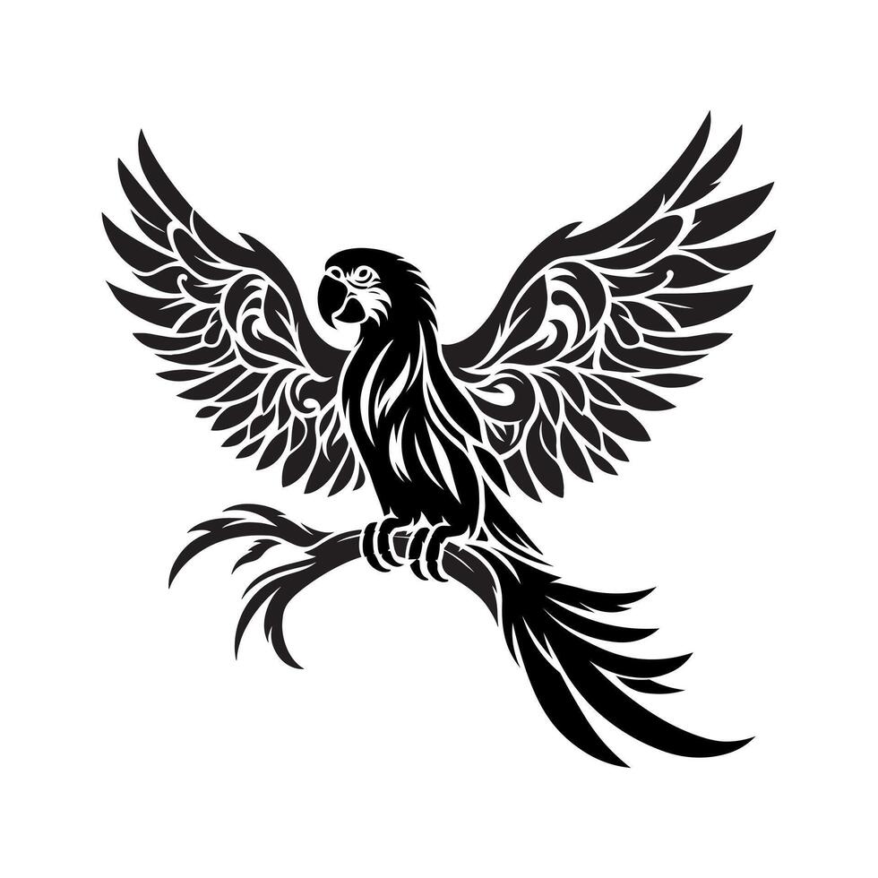 silhouette of a parrot on a white background, The bird is perched on a branch vector