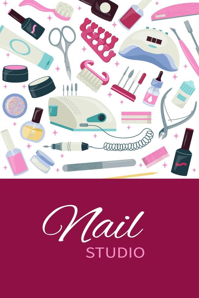 Beautiful flyer, certificate, banner set of nails care elements. Frame with manicure tools. template design. Social media post, concept for nail studio, salon background. illustration. vector