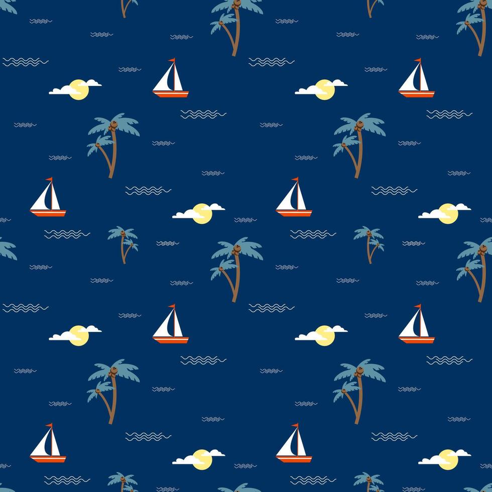 Summer vacation seamless pattern with palm tree, coconut, ship, sun and waves. Aloha party, Hawaii concept. Can be used in textile and wallpaper, wrapping-paper design. vector