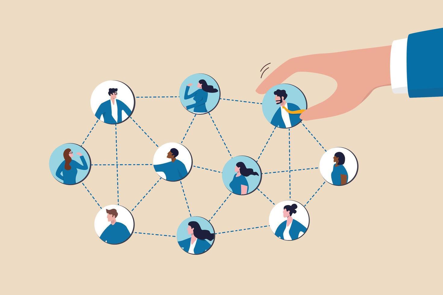Employee or staff management, HR human resource, company people management, work connection, community or teamwork, recruitment concept, businessman HR put people on team or group connecting line. vector