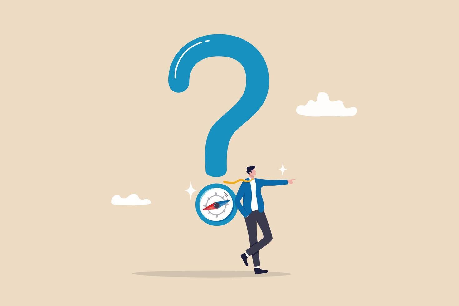 Open ended question, asking questions to encourage new idea, guidance for solution or solving problem, decision to reply or answer concept, businessman with question mark compass guidance for answer. vector