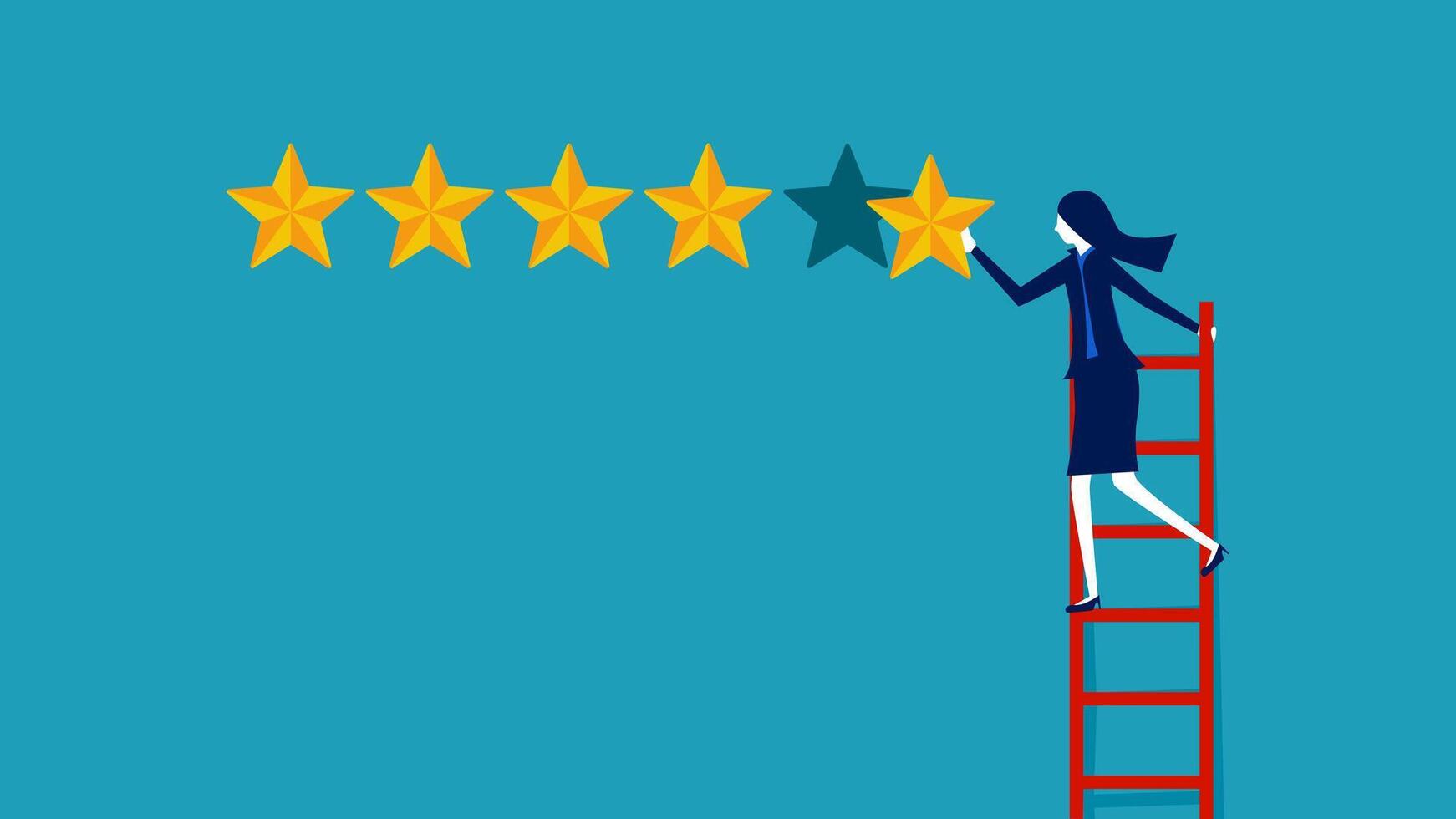 a woman is standing on a ladder and pointing at five stars vector