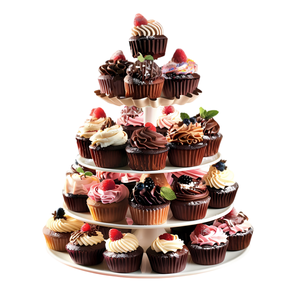 A Tower of Delicious Cupcakes with Various Toppings png