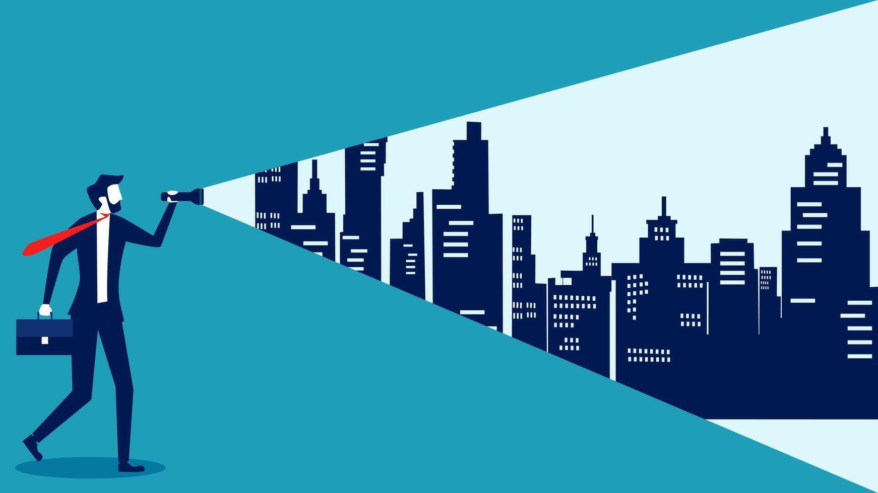 businessman looking through a telescope with cityscape in background vector