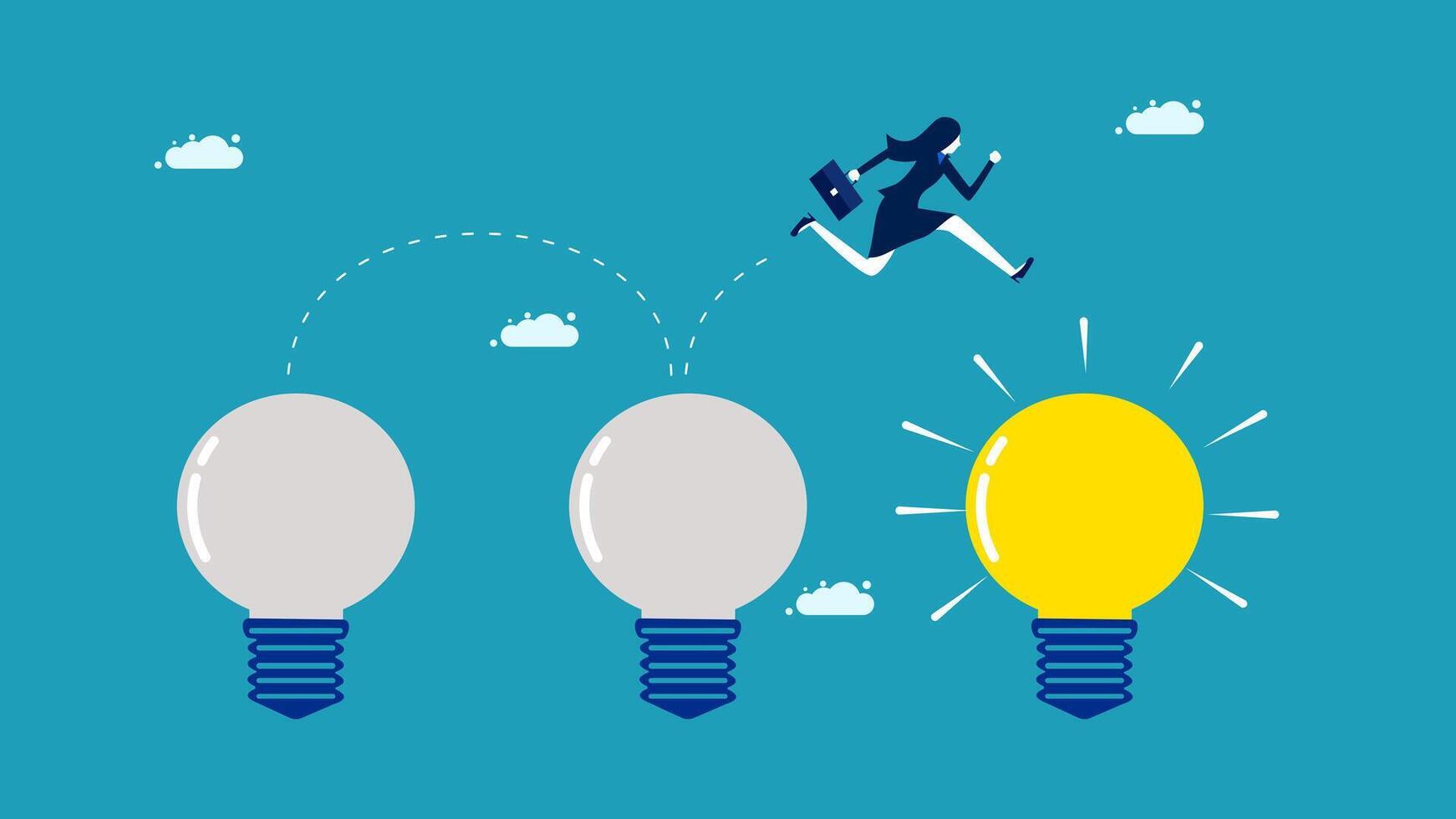 businesswoman running to light bulb, business concept, flat design vector