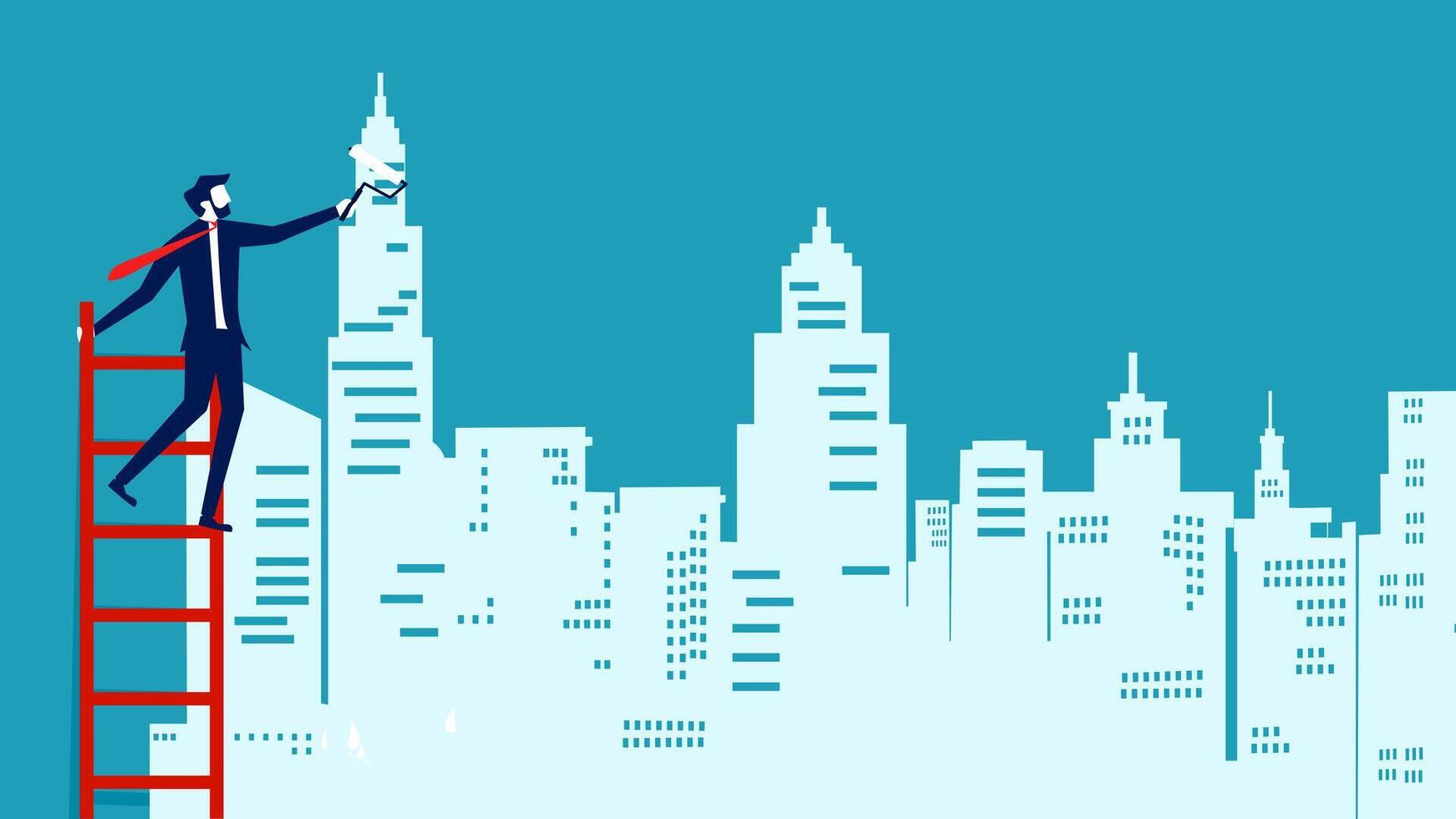 businessman climbing ladder to reach the top of the city vector