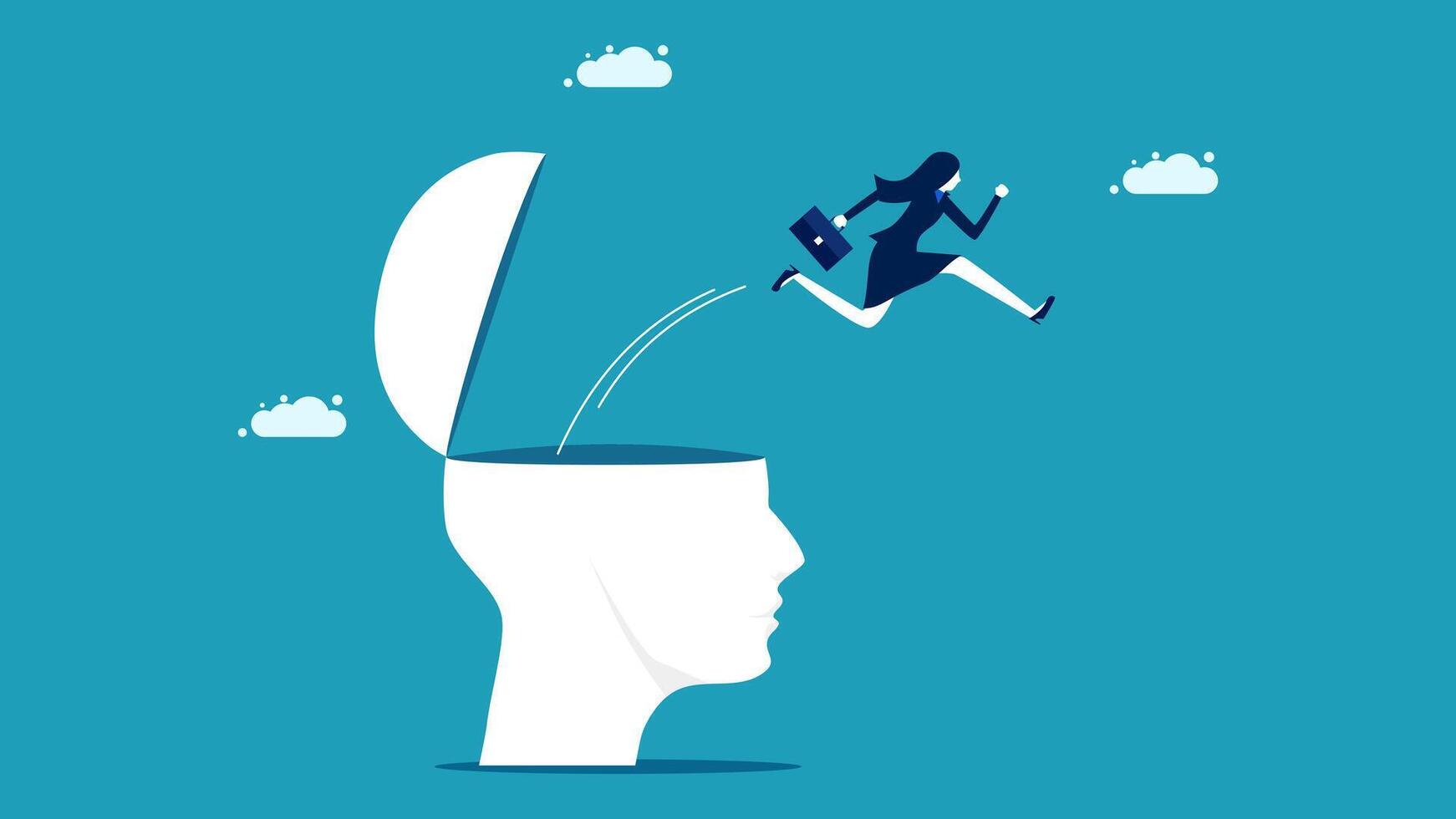 businesswoman running away from a brain with a brain inside vector
