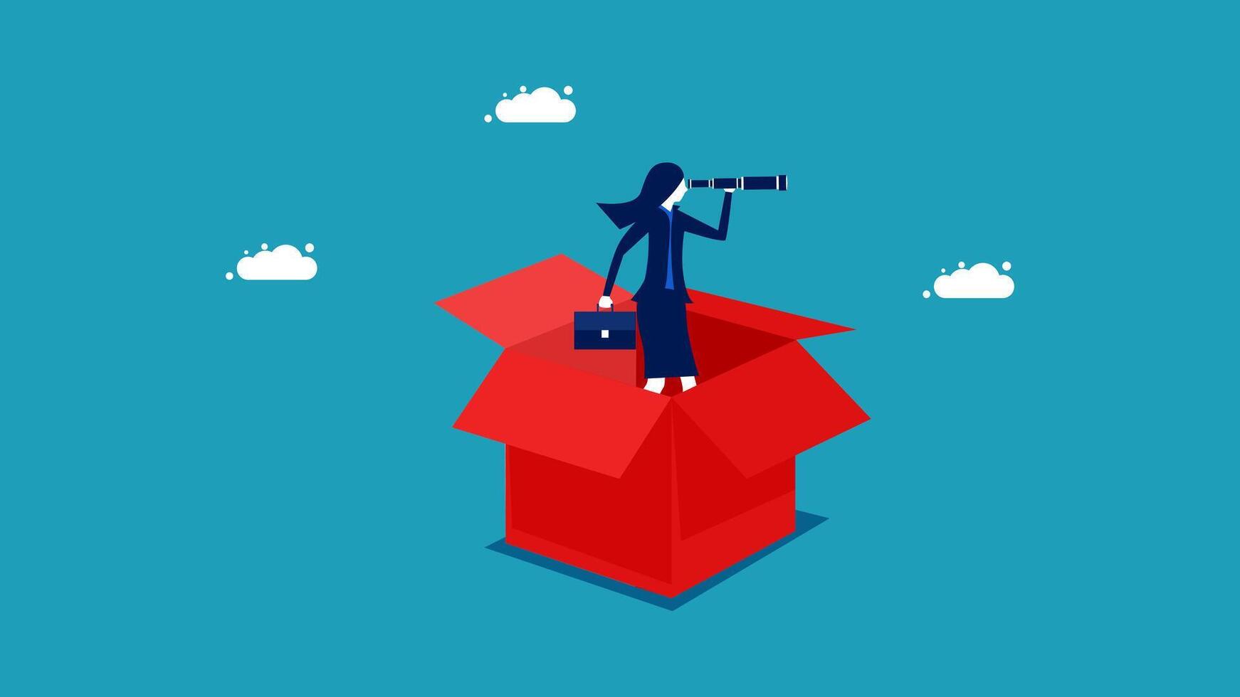 a woman is standing on top of a box with a telescope vector