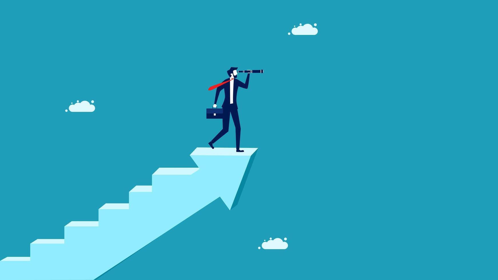businessman standing on top of arrow with binoculars vector