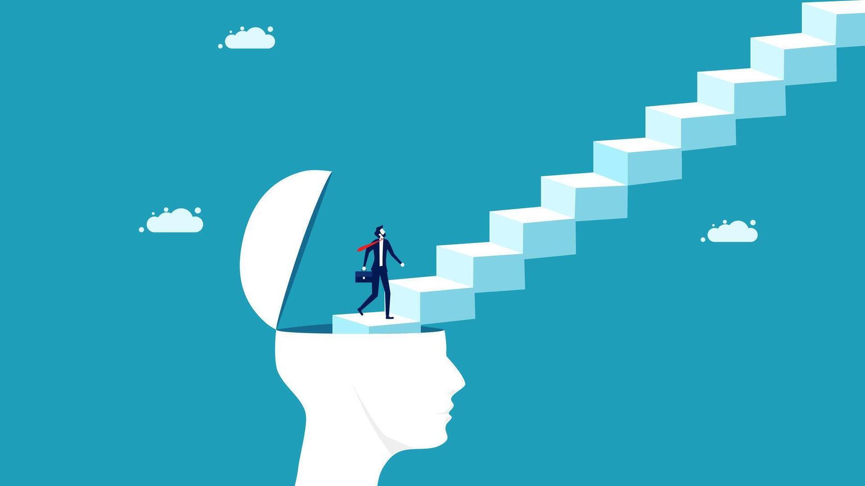 businessman climbing up the stairs to reach the top of the brain vector